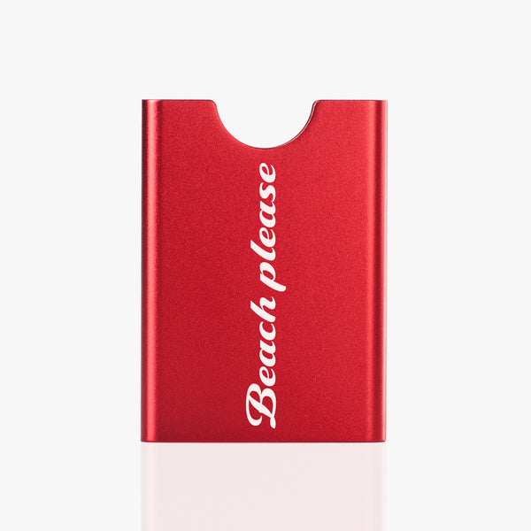 Red Thin King credit card holder with a text Beach Please 