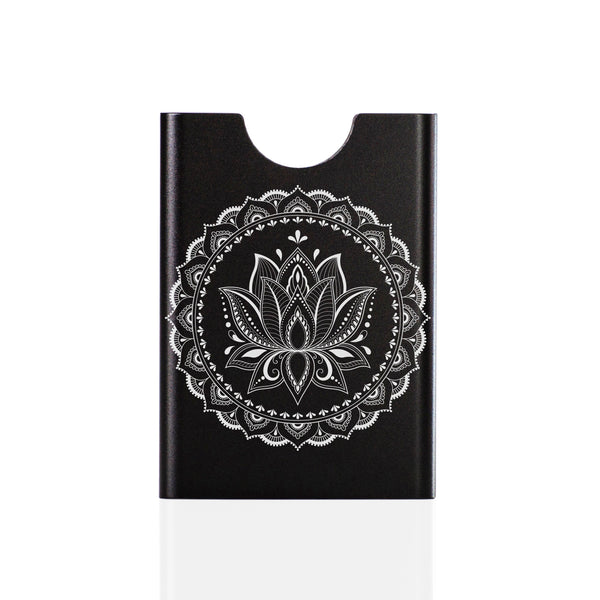 Black Thin King credit card case with engraved mandala graphics